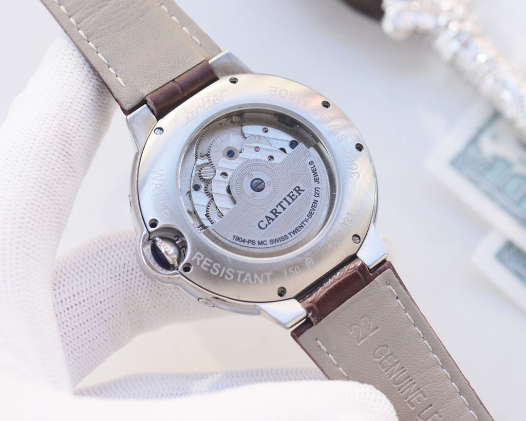 Cartier Silver Brown White Dial Leather Strap Watch — back
