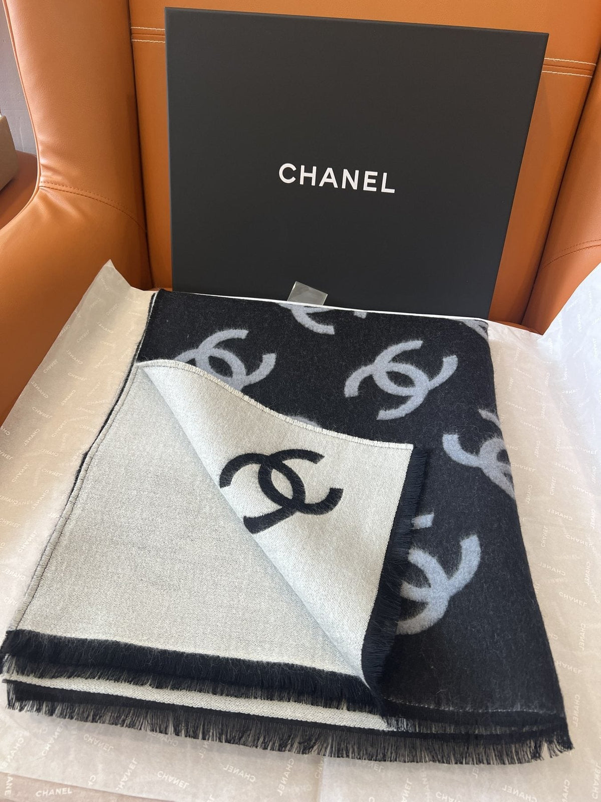 Chanel Reversible Black & Ivory Motif Shawl — front
