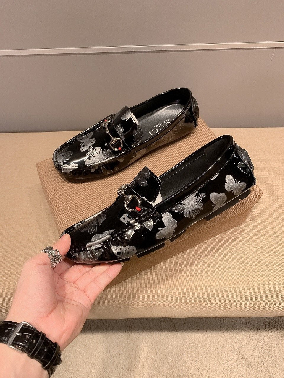 Gucci Butterfly Print Loafers — model