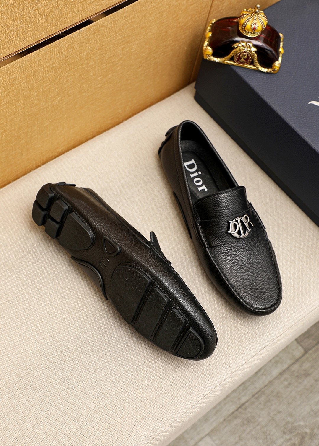 Dior Black Textured Leather Loafers — front