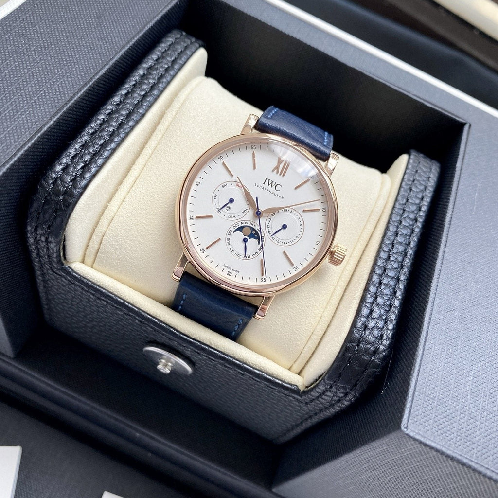 IWC Rose Gold Blue White Dial Strap Watch — hero