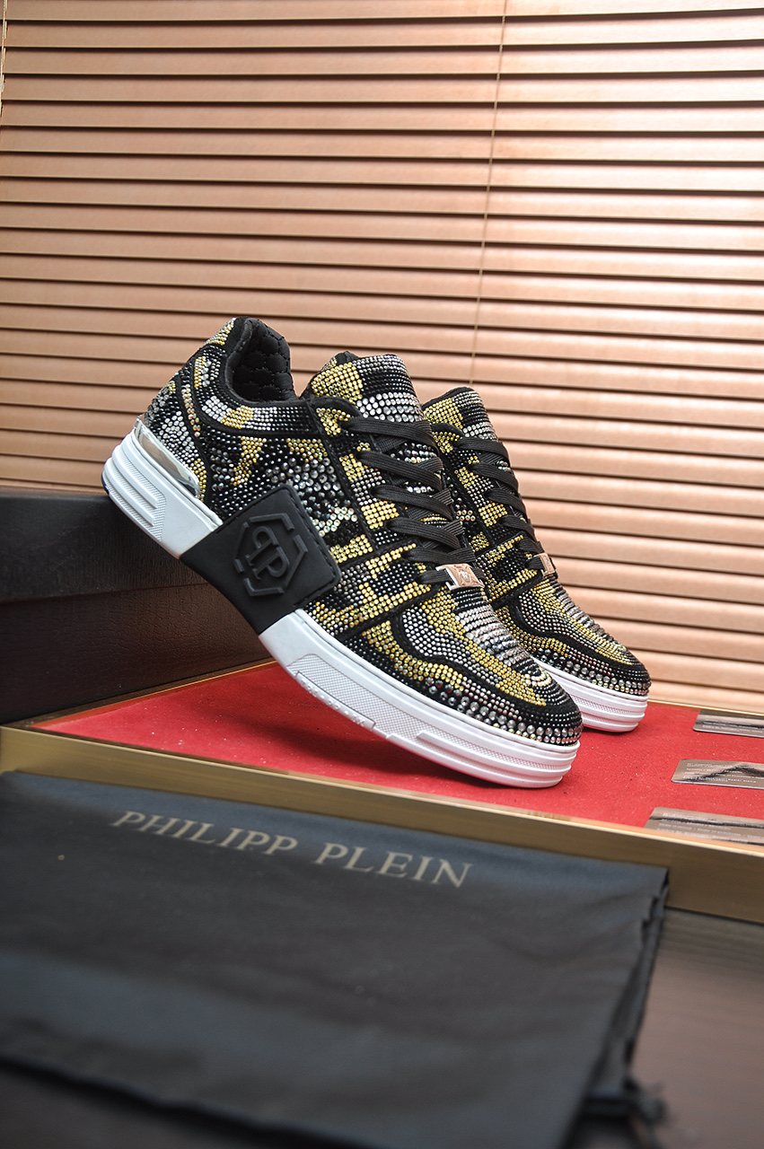Philipp Plein Black & Gold Patterned Sneakers — front