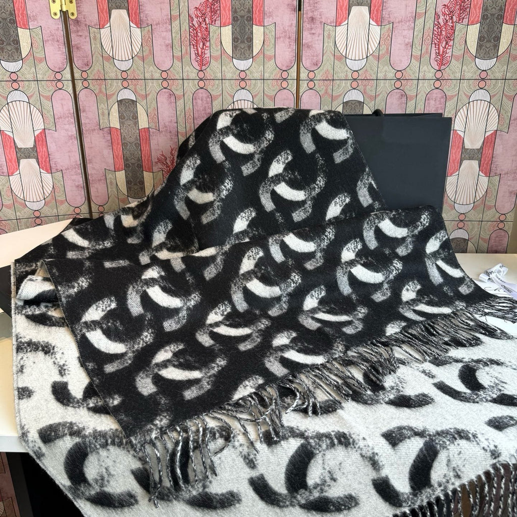 Chanel Black Fringed Patterned Scarf — front