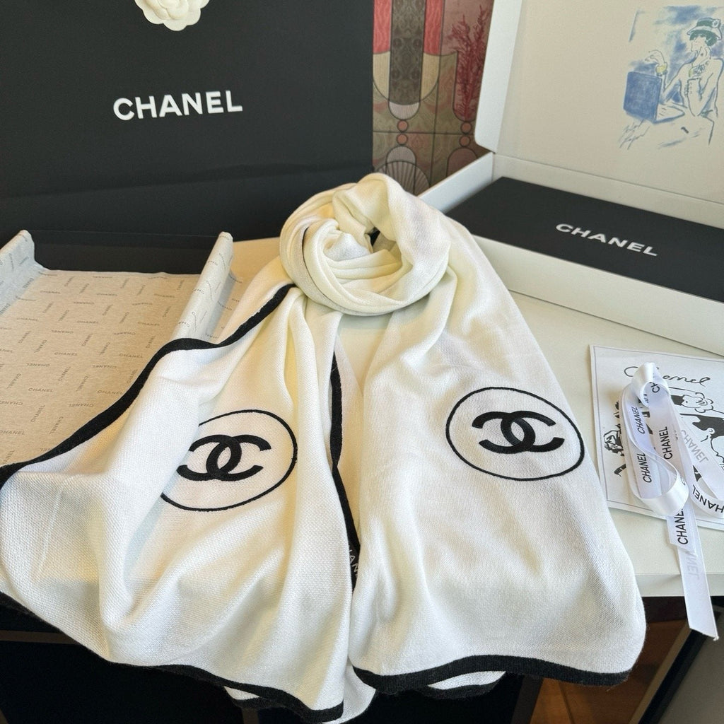 Chanel Contrast-Trim Logo Scarf — front