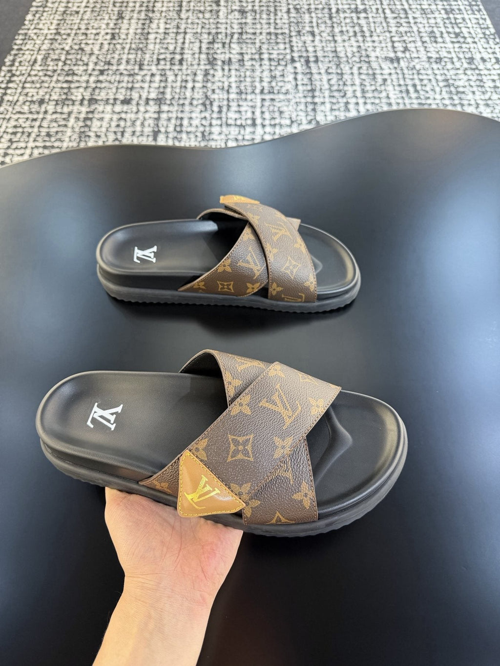 Louis Vuitton Monogram Cross-Strap Slide Sandals — model