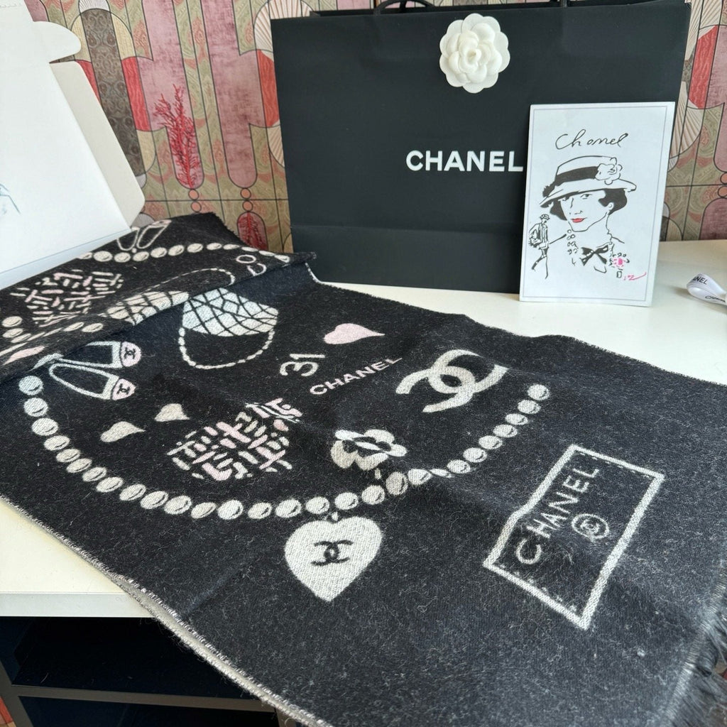 Chanel Pearl Motif Fringe Scarf — front