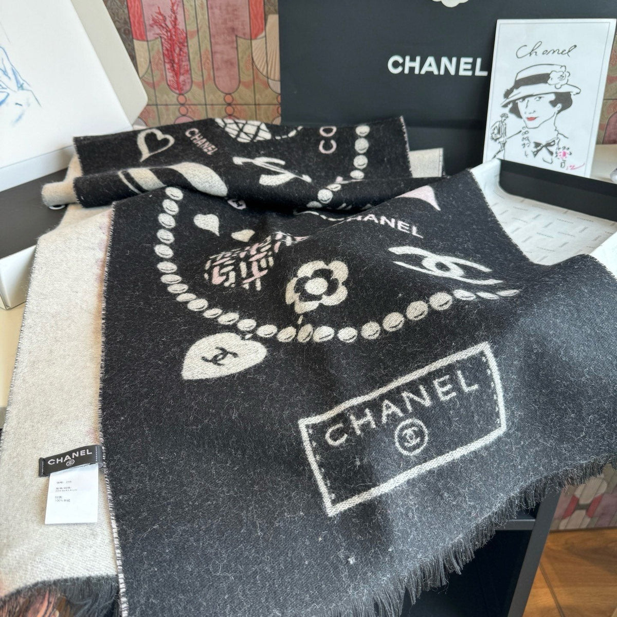 Chanel Pearl Motif Fringe Scarf — front
