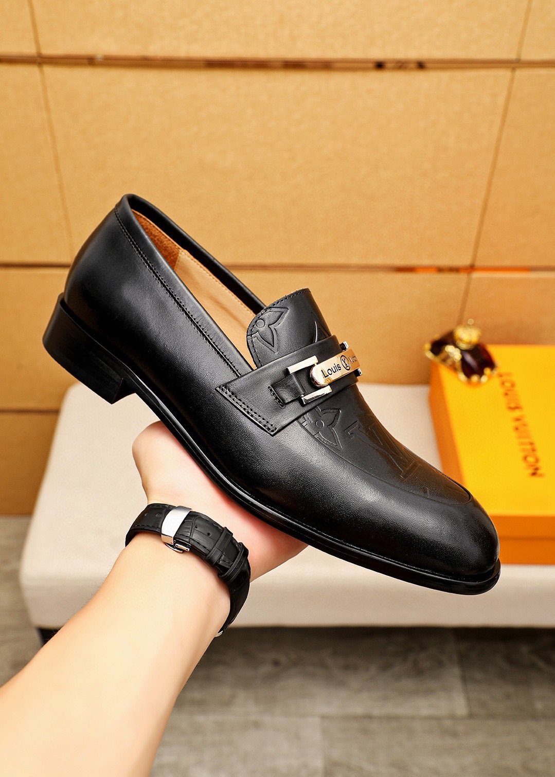 Louis Vuitton Embossed Metal-Bar Loafers — side