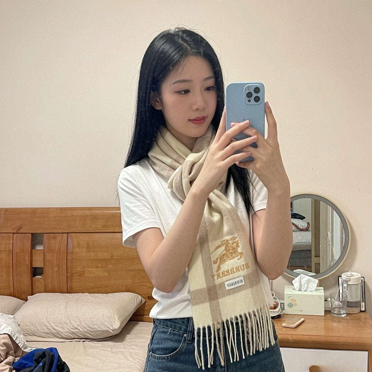 Burberry Pink Plaid Fringed Scarf — model